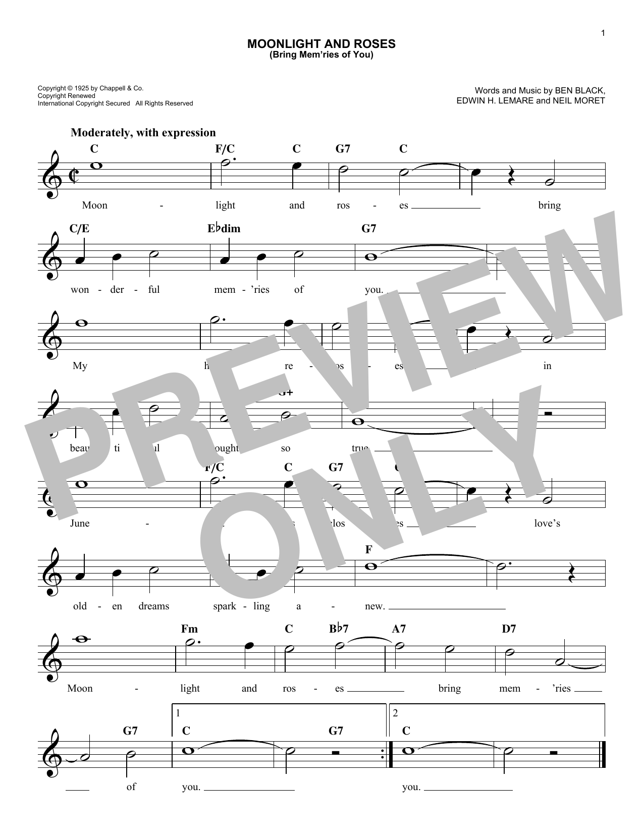 Edwin Lemare Moonlight And Roses (Bring Mem'ries Of You) Sheet Music Notes & Chords for Melody Line, Lyrics & Chords - Download or Print PDF