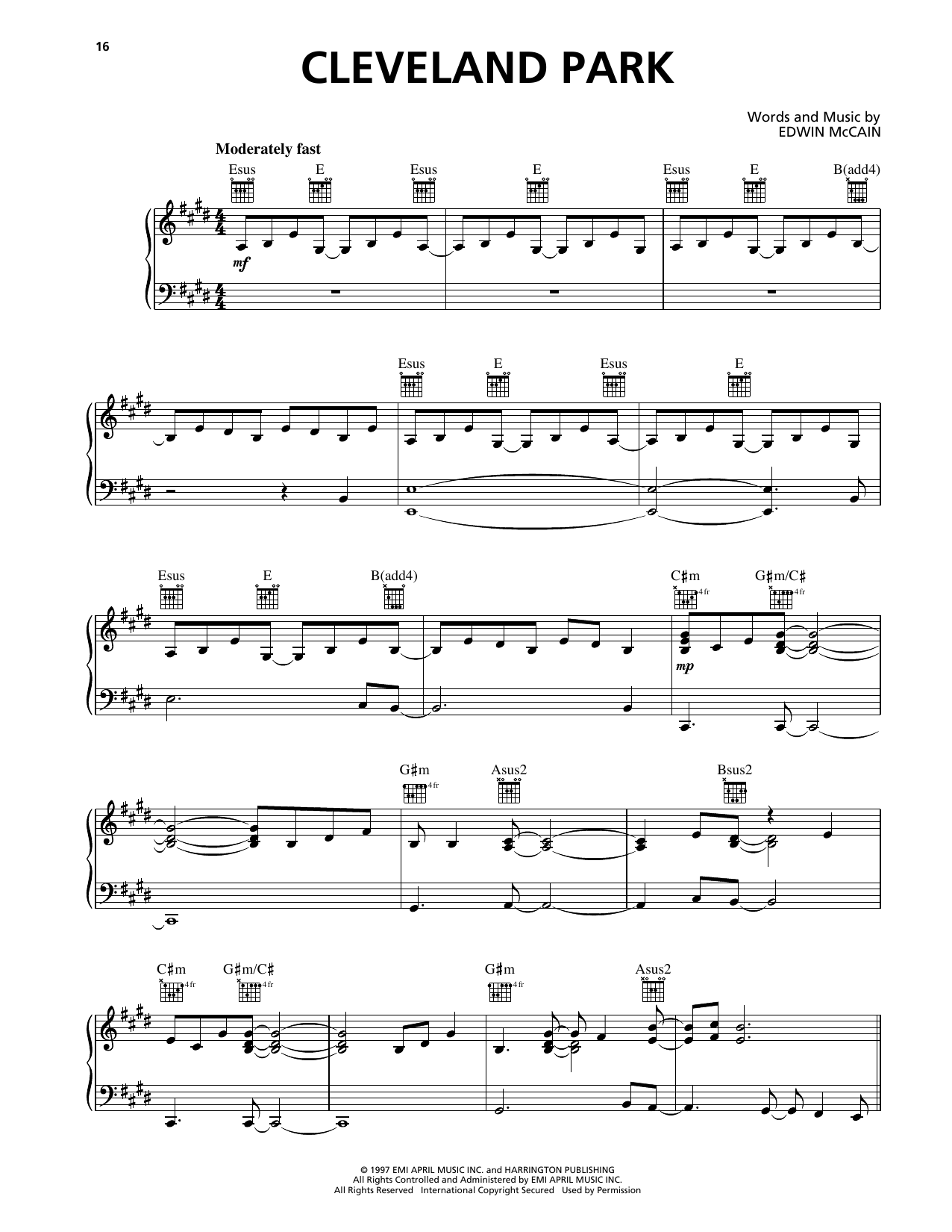 Edwin McCain Cleveland Park Sheet Music Notes & Chords for Piano, Vocal & Guitar Chords (Right-Hand Melody) - Download or Print PDF