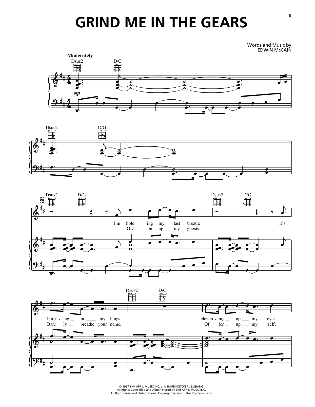 Edwin McCain Grind Me In The Gears Sheet Music Notes & Chords for Piano, Vocal & Guitar Chords (Right-Hand Melody) - Download or Print PDF Edwin McCain Grind Me In The Gears Sheet Music Notes & Chords for Piano, Vocal & Guitar Chords (Right-Hand Melody) - Download or Print PDF