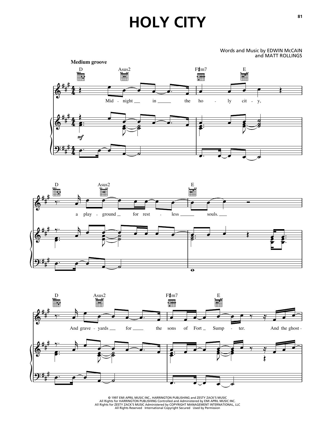 Edwin McCain Holy City Sheet Music Notes & Chords for Piano, Vocal & Guitar Chords (Right-Hand Melody) - Download or Print PDF Edwin McCain Holy City Sheet Music Notes & Chords for Piano, Vocal & Guitar Chords (Right-Hand Melody) - Download or Print PDF