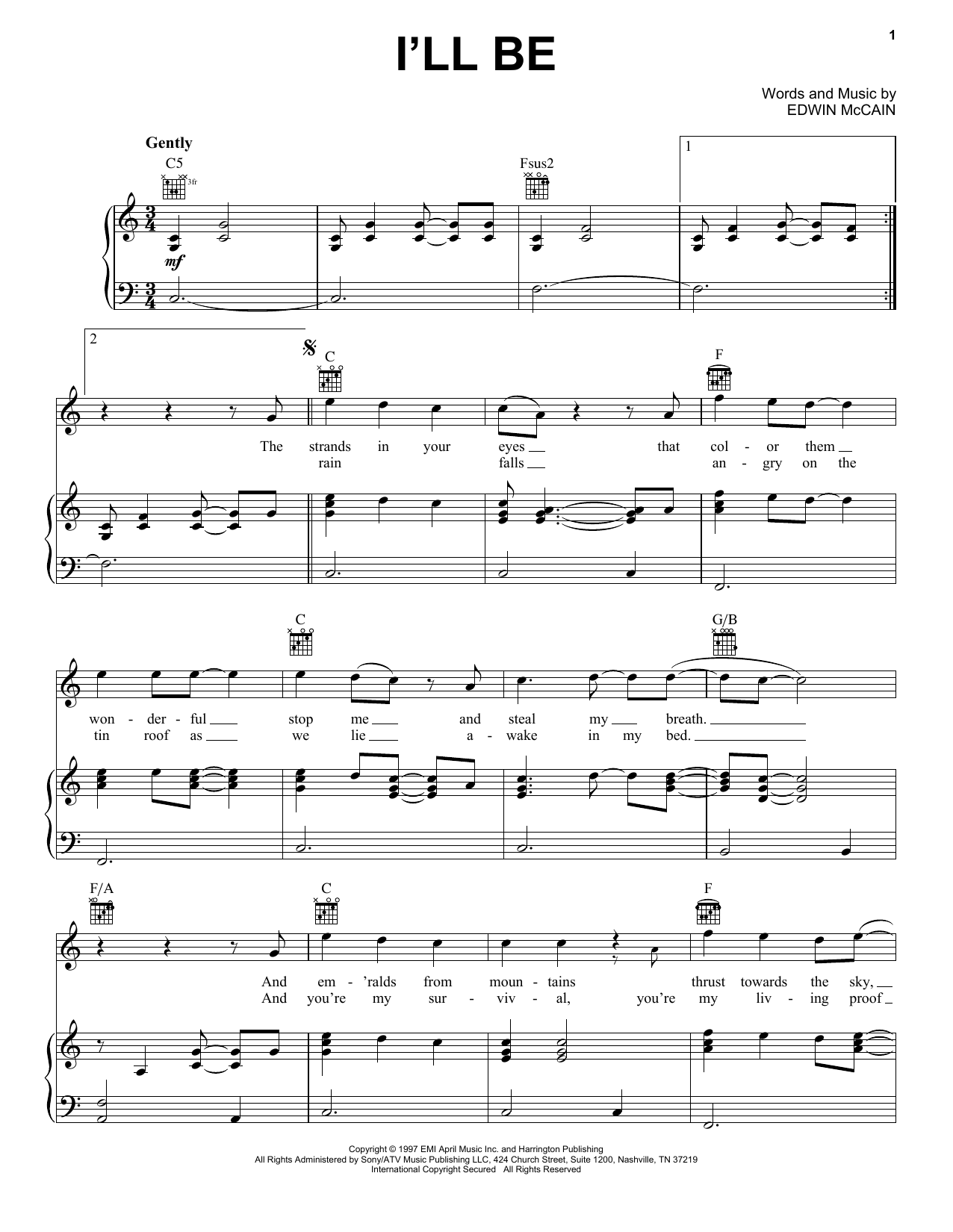 Edwin McCain I'll Be Sheet Music Notes & Chords for Lyrics & Chords - Download or Print PDF