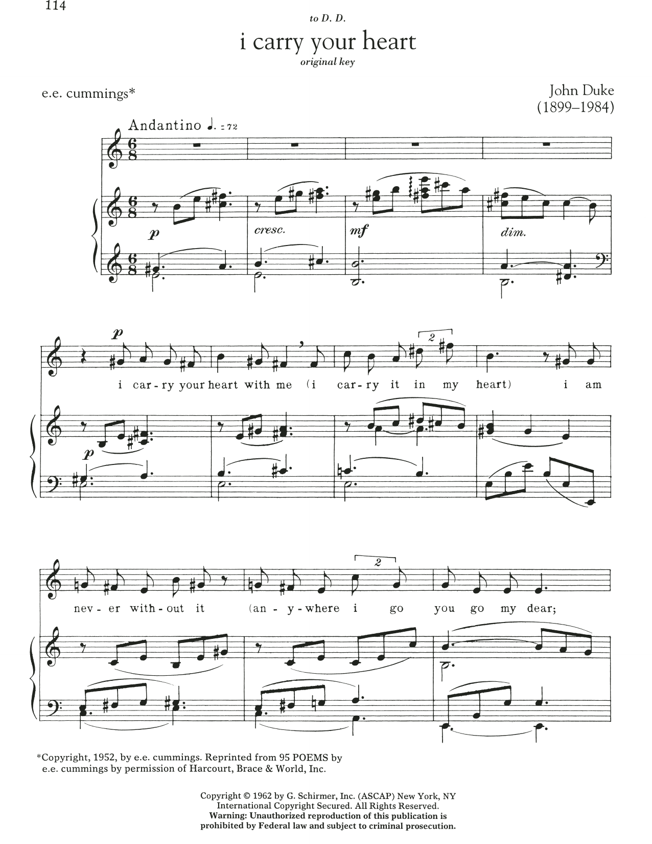 E.E. Cummings I Carry Your Heart Sheet Music Notes & Chords for Piano & Vocal - Download or Print PDF