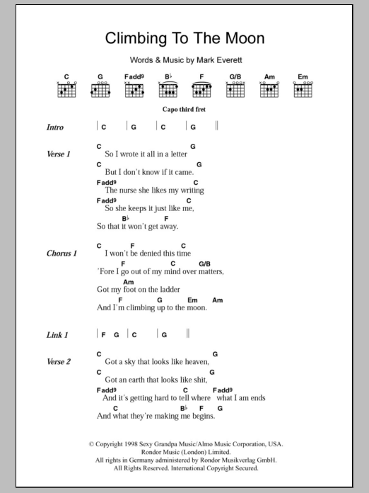 Eels Climbing To The Moon Sheet Music Notes & Chords for Lyrics & Chords - Download or Print PDF Eels Climbing To The Moon Sheet Music Notes & Chords for Lyrics & Chords - Download or Print PDF