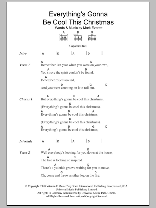Eels Everything's Gonna Be Cool This Christmas Sheet Music Notes & Chords for Lyrics & Piano Chords - Download or Print PDF Eels Everything's Gonna Be Cool This Christmas Sheet Music Notes & Chords for Lyrics & Piano Chords - Download or Print PDF