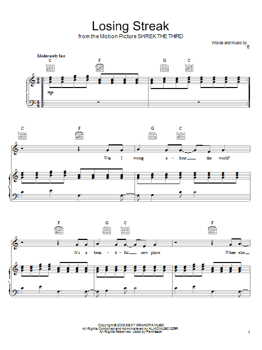 Eels Losing Streak Sheet Music Notes & Chords for Piano, Vocal & Guitar (Right-Hand Melody) - Download or Print PDF Eels Losing Streak Sheet Music Notes & Chords for Piano, Vocal & Guitar (Right-Hand Melody) - Download or Print PDF