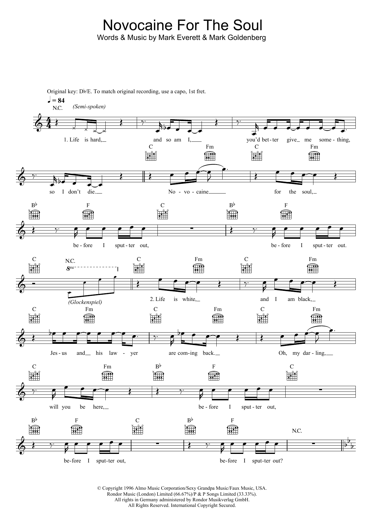 Eels Novocaine For The Soul Sheet Music Notes & Chords for Melody Line, Lyrics & Chords - Download or Print PDF