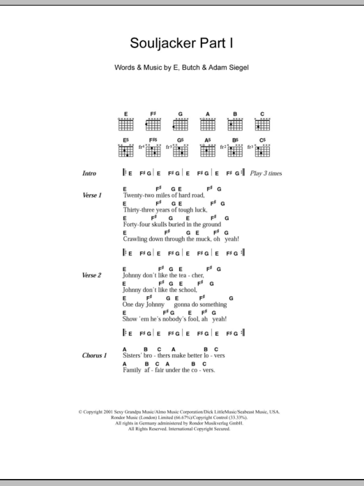 Eels Souljacker Part I Sheet Music Notes & Chords for Lyrics & Chords - Download or Print PDF