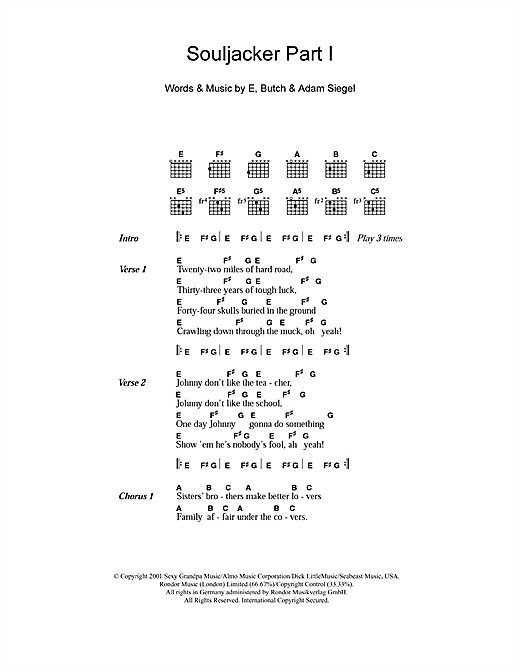 Eels Souljacker Part I Sheet Music Notes & Chords for Lyrics & Chords - Download or Print PDF