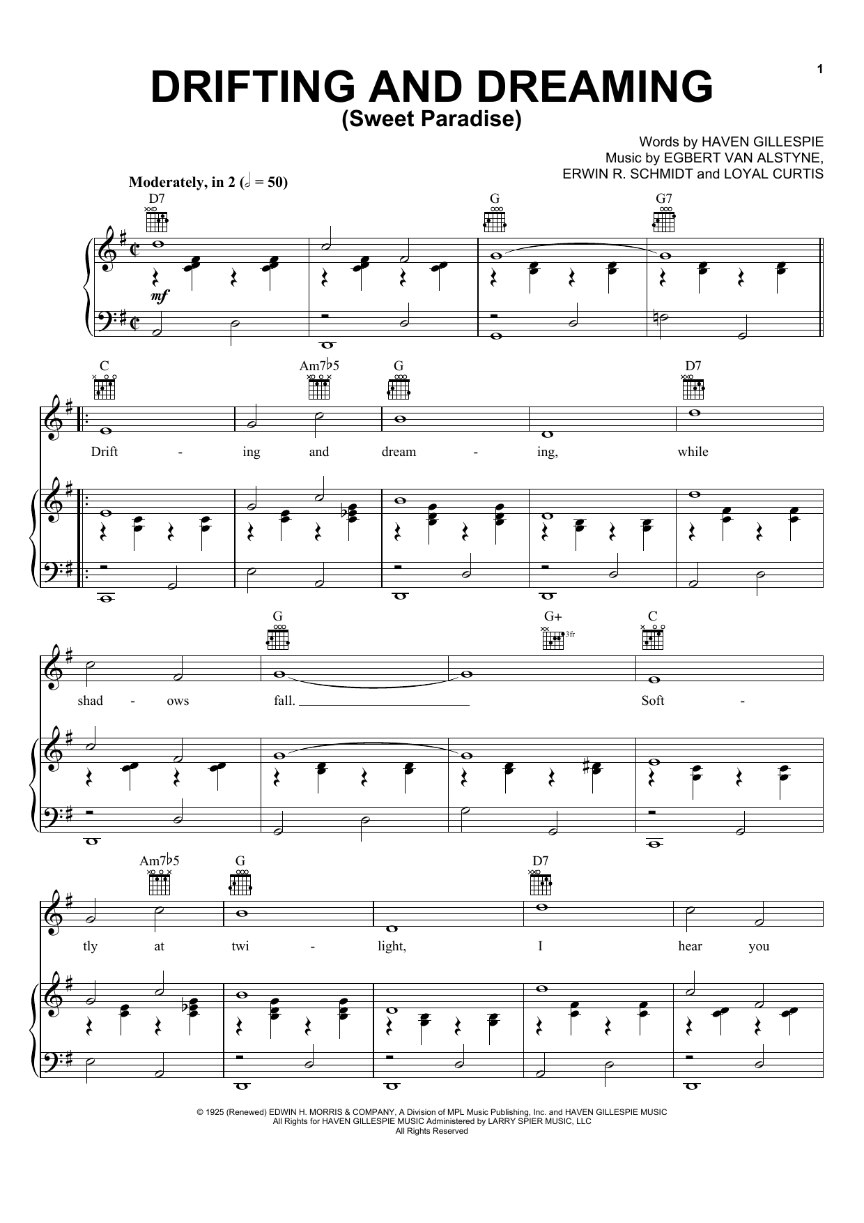 Egbert Van Alstyne Drifting And Dreaming (Sweet Paradise) Sheet Music Notes & Chords for Piano, Vocal & Guitar (Right-Hand Melody) - Download or Print PDF