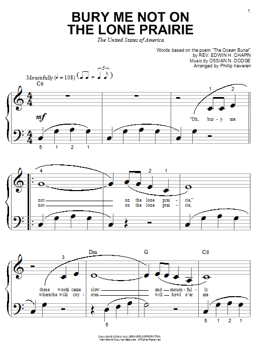 Edwin H. Chapin Bury Me Not On The Lone Prairie Sheet Music Notes & Chords for Piano (Big Notes) - Download or Print PDF