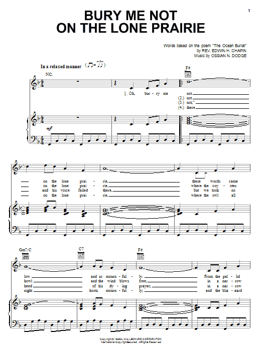 E.H. Chapin Bury Me Not On The Lone Prairie Sheet Music Notes & Chords for Piano, Vocal & Guitar (Right-Hand Melody) - Download or Print PDF