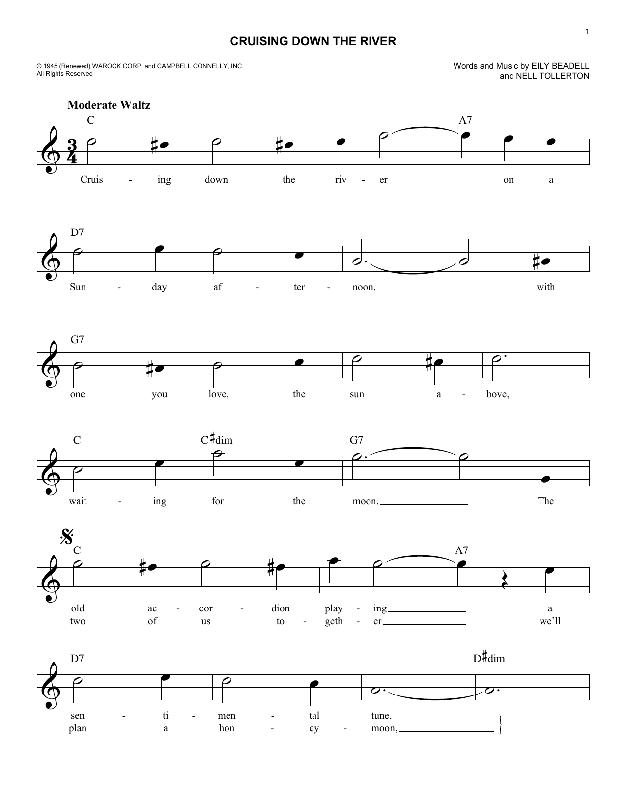 Eily Beadell Cruising Down The River Sheet Music Notes & Chords for Melody Line, Lyrics & Chords - Download or Print PDF