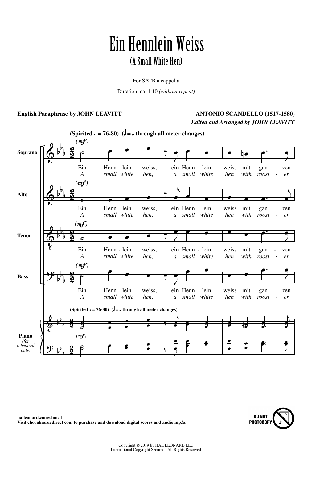 Antonio Scandello Ein Hennlein Weiss Arr John Leavitt Chords Sheet Music Notes Download Concert Satb Choir Pdf Print 431671