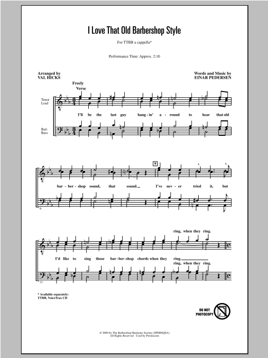 Einar Pedersen I Love That Old Barbershop Style (arr. Val Hicks) Sheet Music Notes & Chords for TTBB - Download or Print PDF