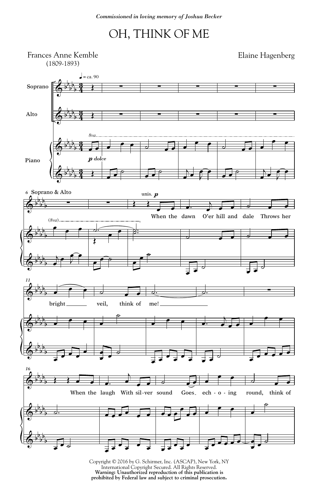 Elaine Hagenberg Oh, Think Of Me Sheet Music Notes & Chords for SSA - Download or Print PDF