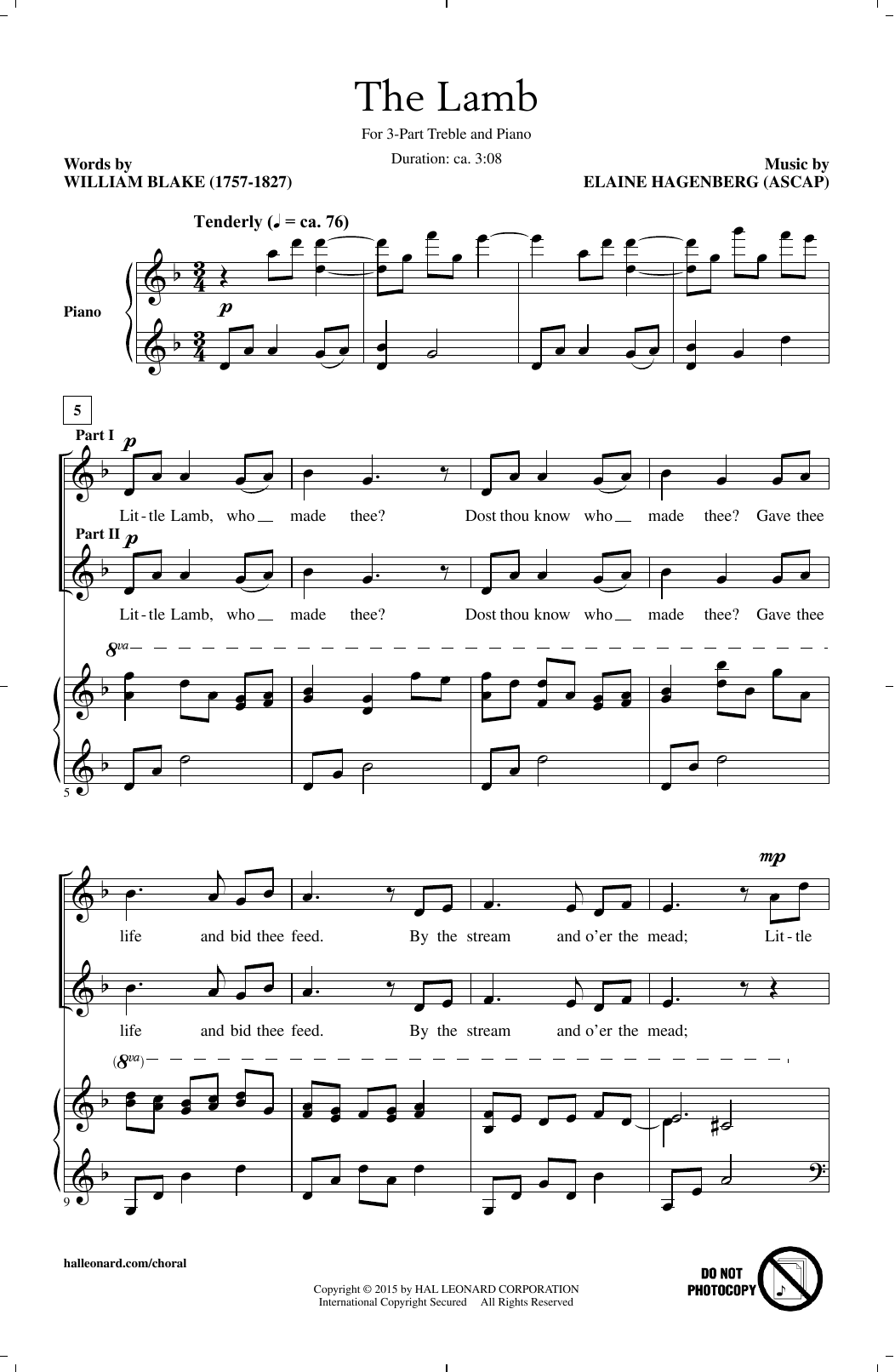 Elaine Hagenberg The Lamb Sheet Music Notes & Chords for 3-Part Treble - Download or Print PDF