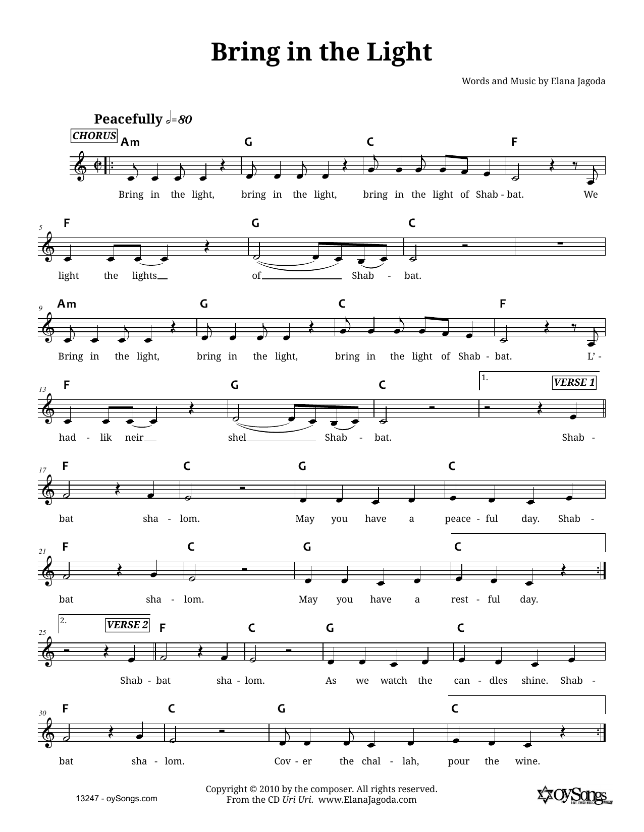 Elana Jagoda Bring In the Light Sheet Music Notes & Chords for Melody Line, Lyrics & Chords - Download or Print PDF