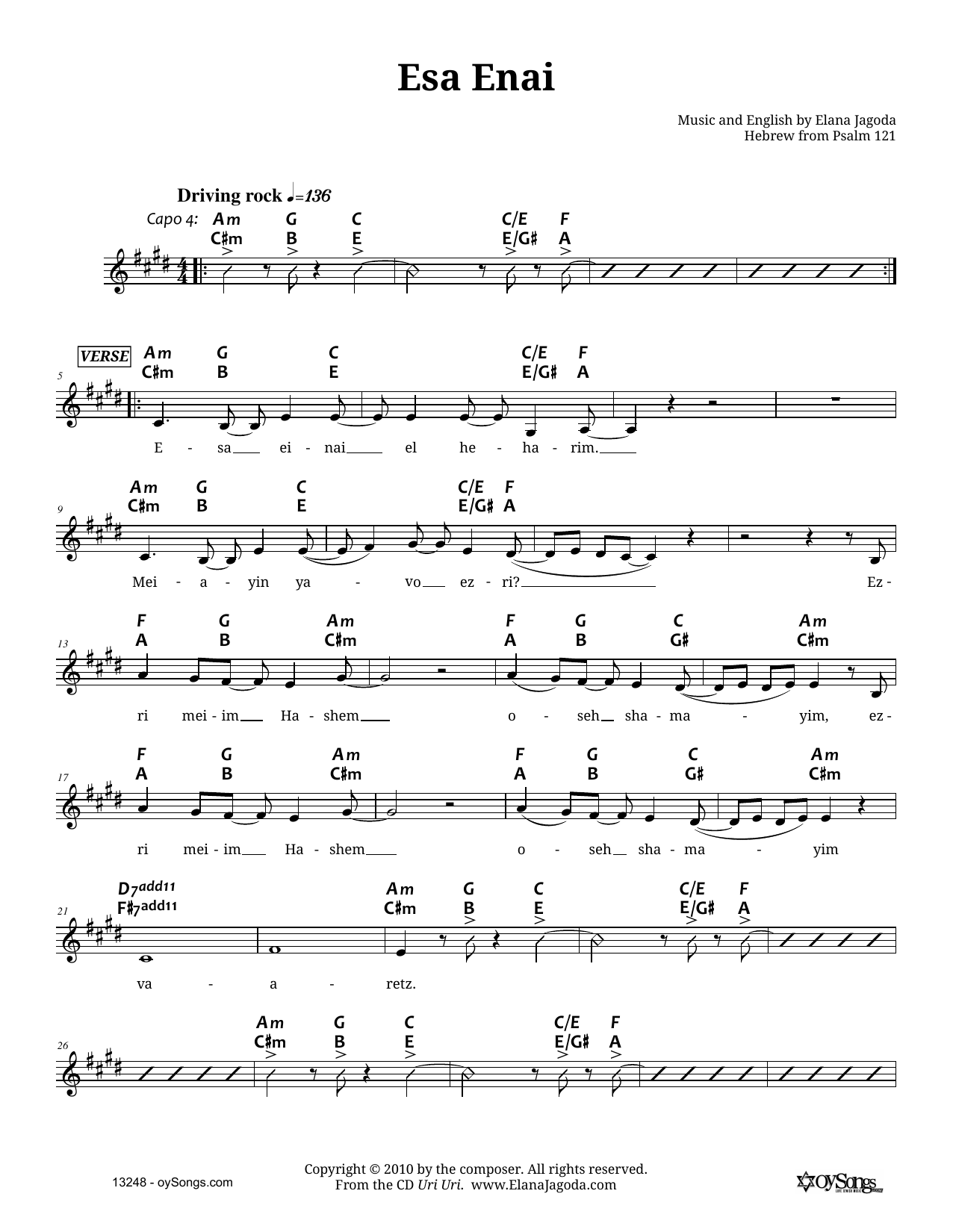 Elana Jagoda Esa Enai Sheet Music Notes & Chords for Melody Line, Lyrics & Chords - Download or Print PDF