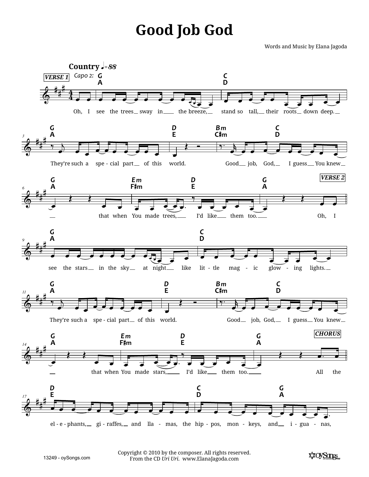 Elana Jagoda Good Job God Sheet Music Notes & Chords for Melody Line, Lyrics & Chords - Download or Print PDF