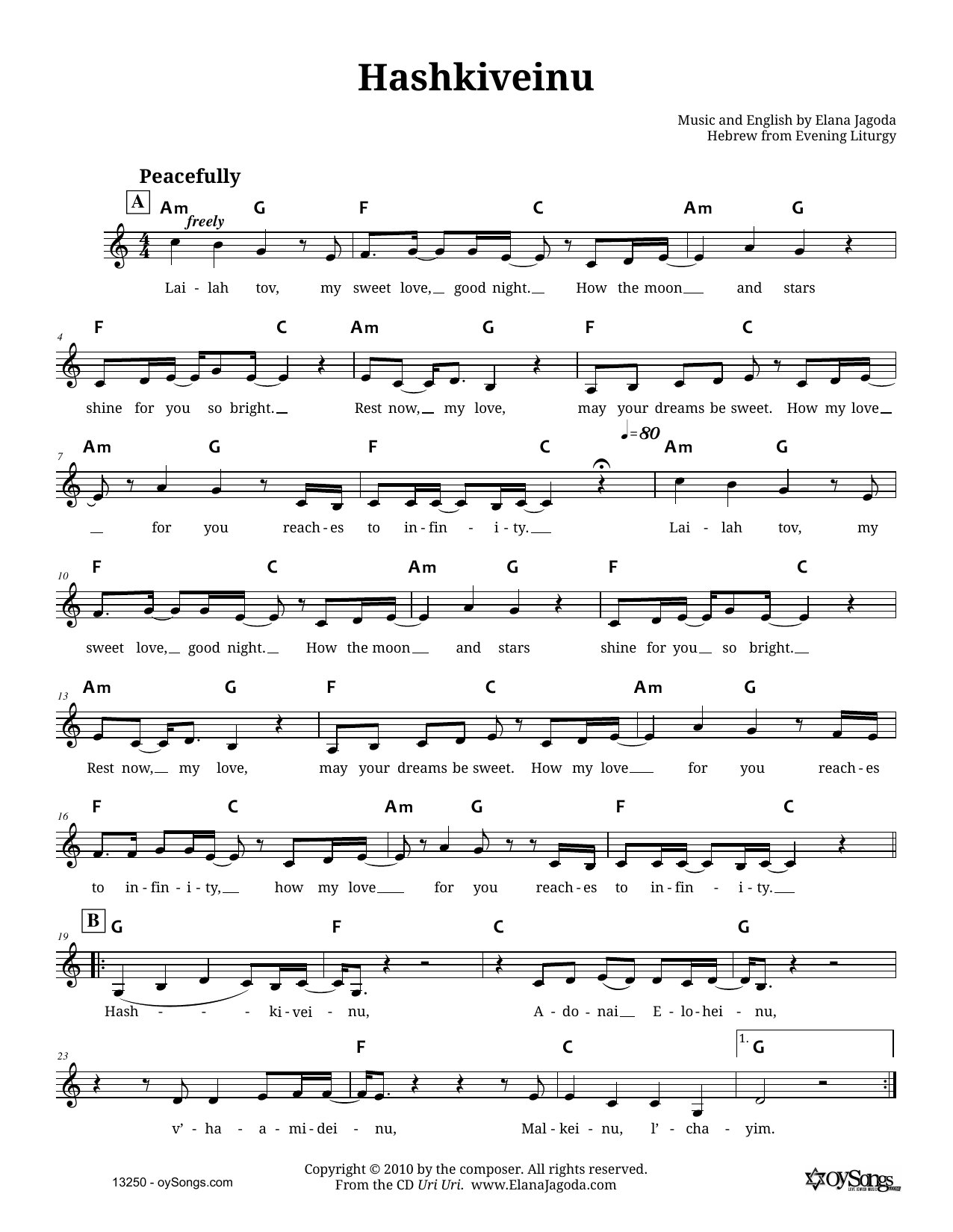 Elana Jagoda Hashkiveinu Sheet Music Notes & Chords for Melody Line, Lyrics & Chords - Download or Print PDF