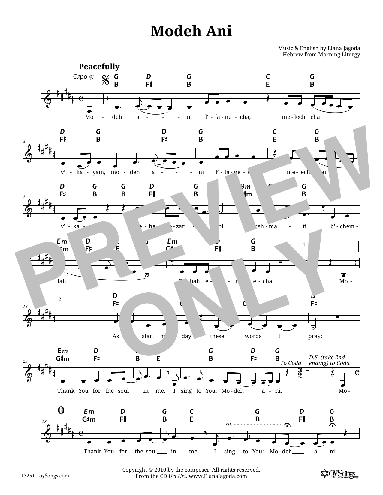 Elana Jagoda Modeh Ani Sheet Music Notes & Chords for Melody Line, Lyrics & Chords - Download or Print PDF