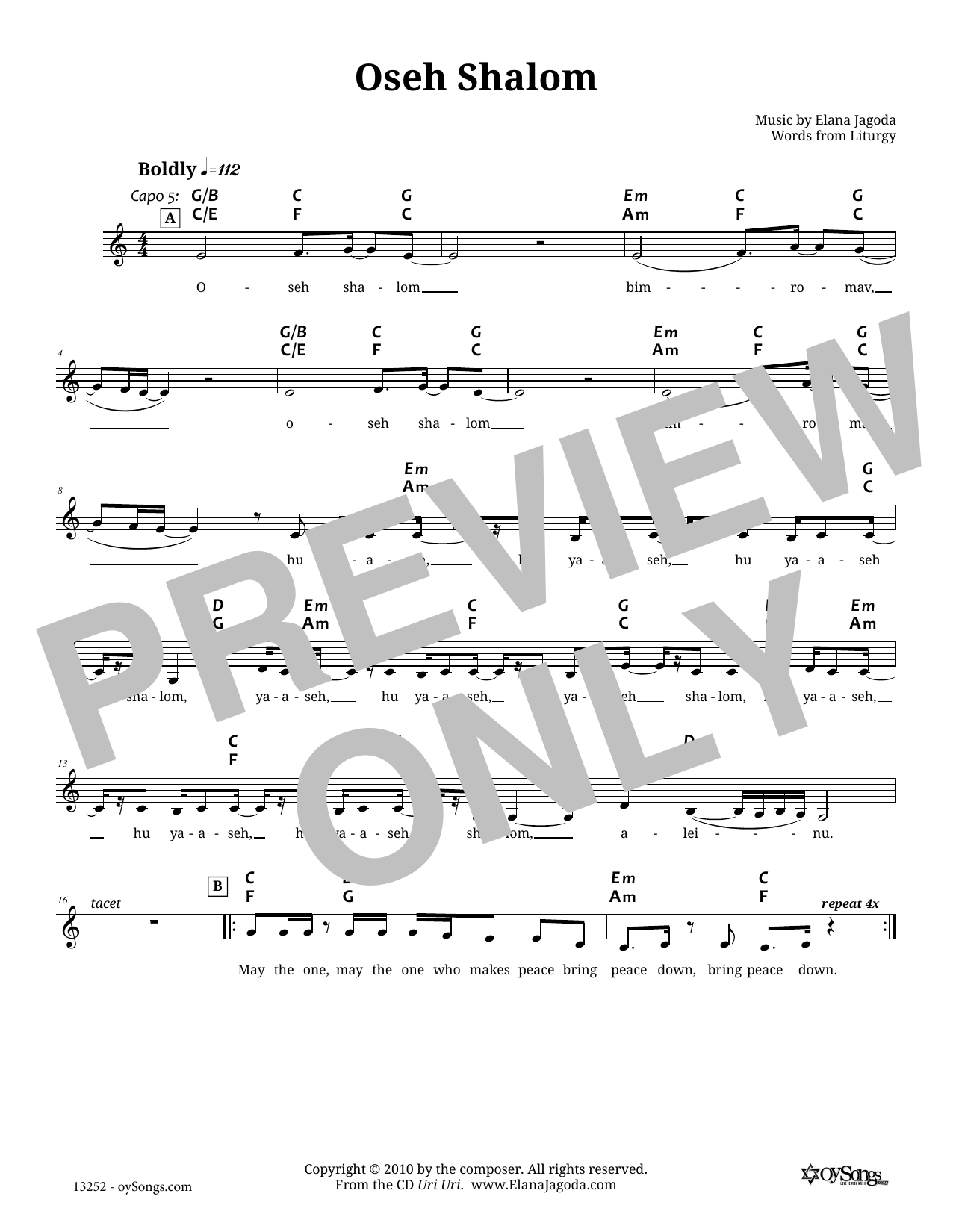 Elana Jagoda Oseh Shalom Sheet Music Notes & Chords for Melody Line, Lyrics & Chords - Download or Print PDF