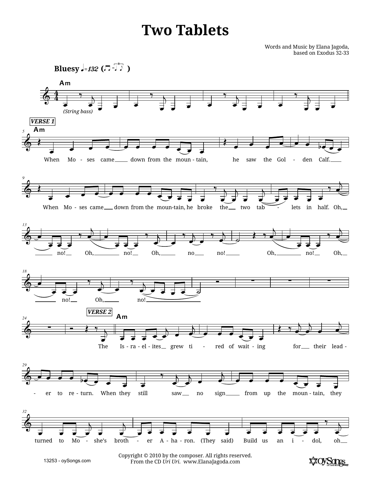 Elana Jagoda Two Tablets Sheet Music Notes & Chords for Melody Line, Lyrics & Chords - Download or Print PDF