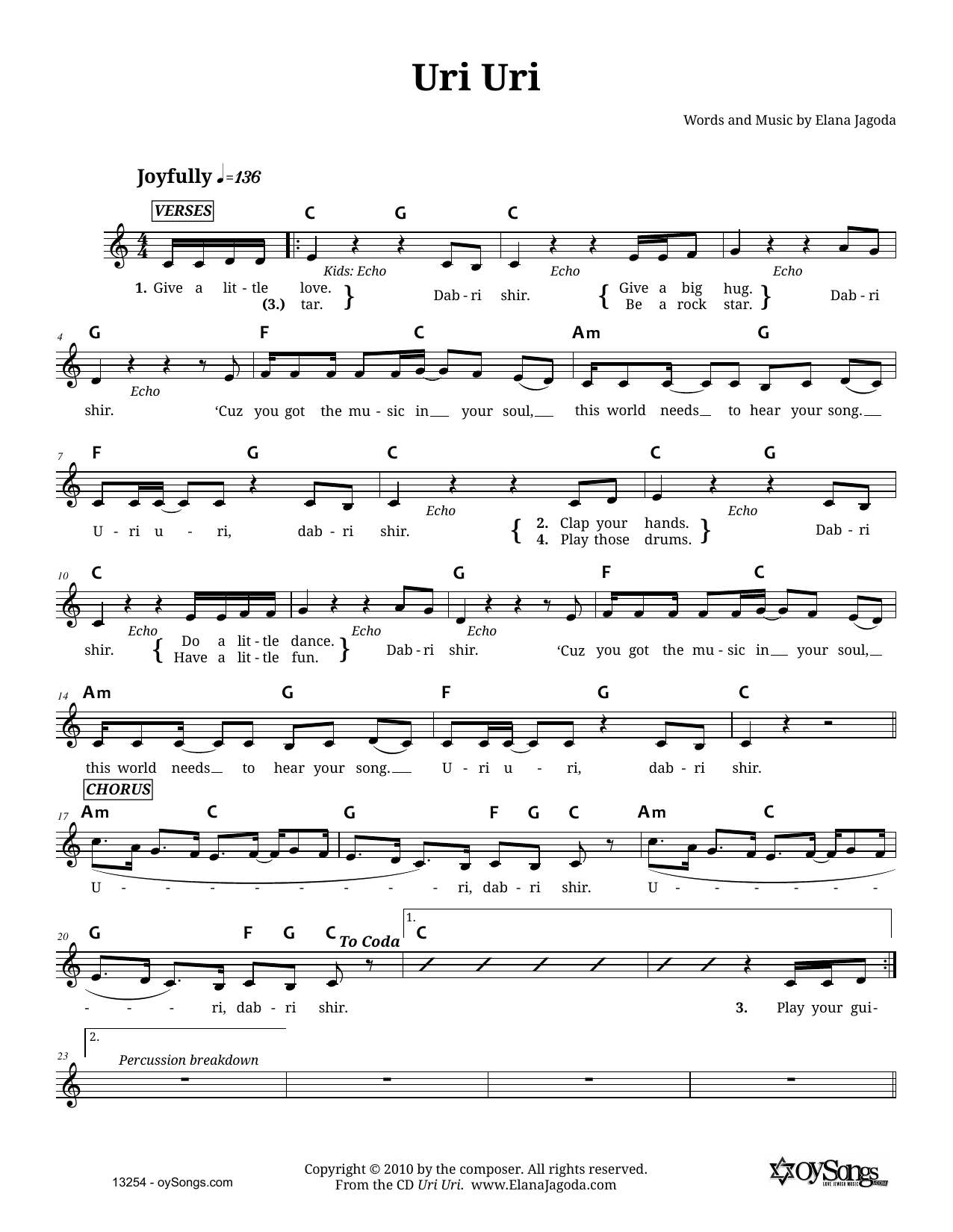 Elana Jagoda Uri Uri Sheet Music Notes & Chords for Melody Line, Lyrics & Chords - Download or Print PDF