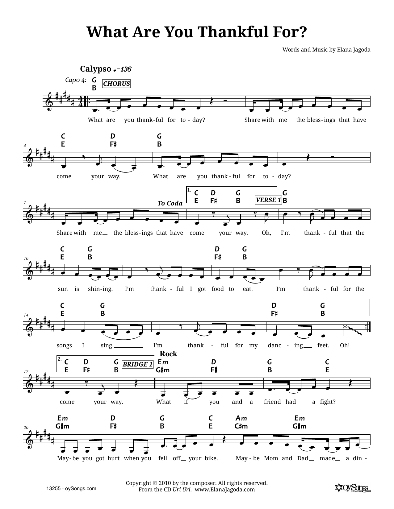 Elana Jagoda What Are You Thankful For? Sheet Music Notes & Chords for Melody Line, Lyrics & Chords - Download or Print PDF