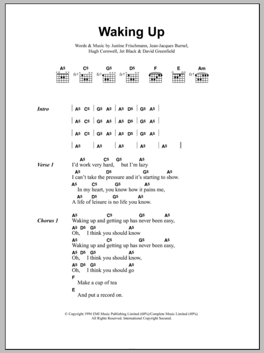 Elastica Waking Up Sheet Music Notes & Chords for Lyrics & Chords - Download or Print PDF