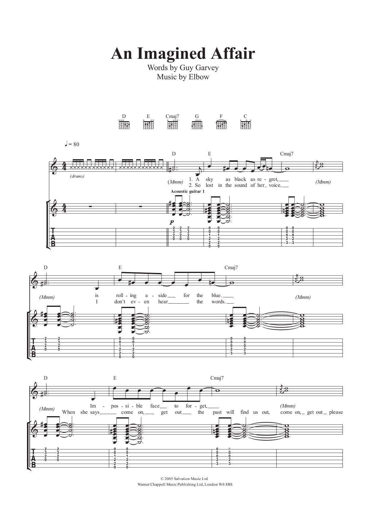 Elbow An Imagined Affair Sheet Music Notes & Chords for Guitar Tab - Download or Print PDF