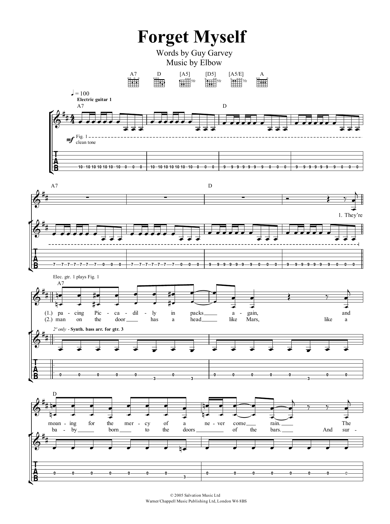 Elbow Forget Myself Sheet Music Notes & Chords for Guitar Tab - Download or Print PDF