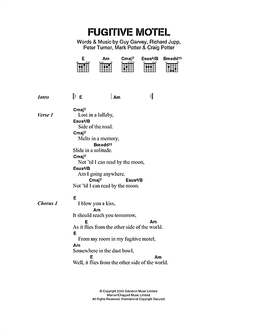 Elbow Fugitive Motel Sheet Music Notes & Chords for Lyrics & Chords - Download or Print PDF