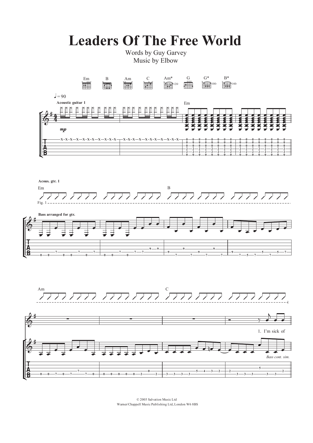 Elbow Leaders Of The Free World Sheet Music Notes & Chords for Guitar Tab - Download or Print PDF