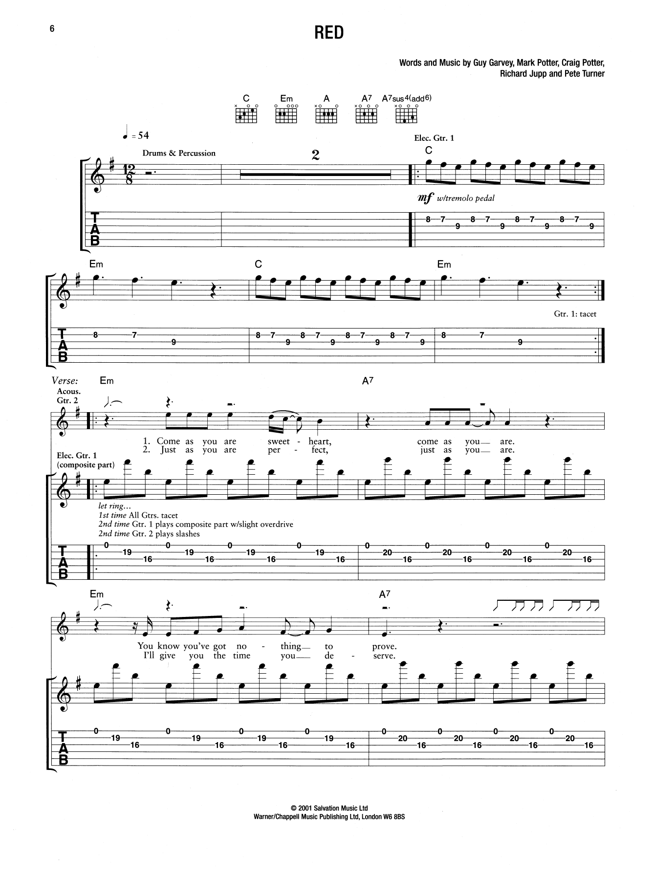 Elbow Red Sheet Music Notes & Chords for Guitar Tab - Download or Print PDF