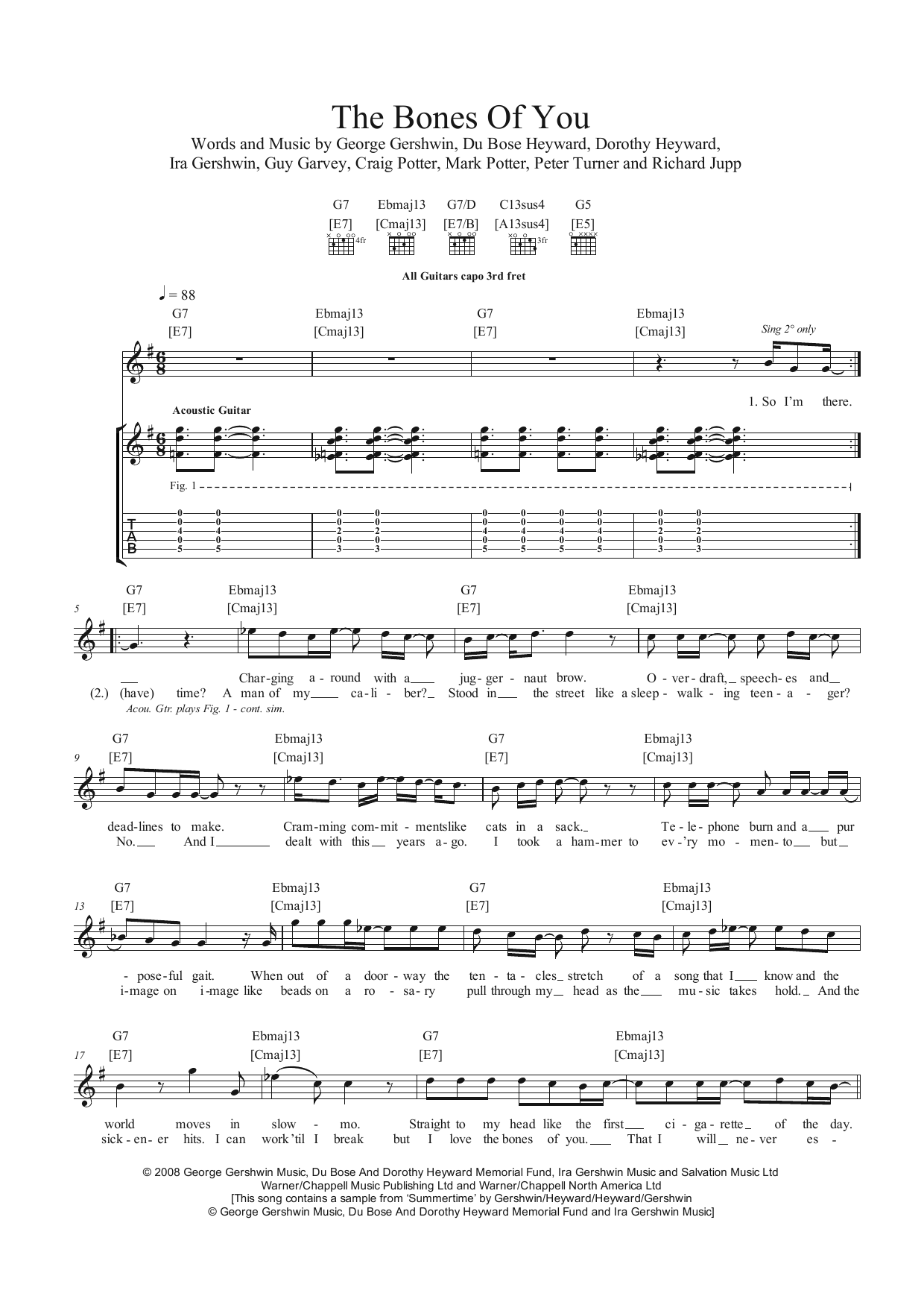 Elbow The Bones Of You Sheet Music Notes & Chords for Guitar Tab - Download or Print PDF