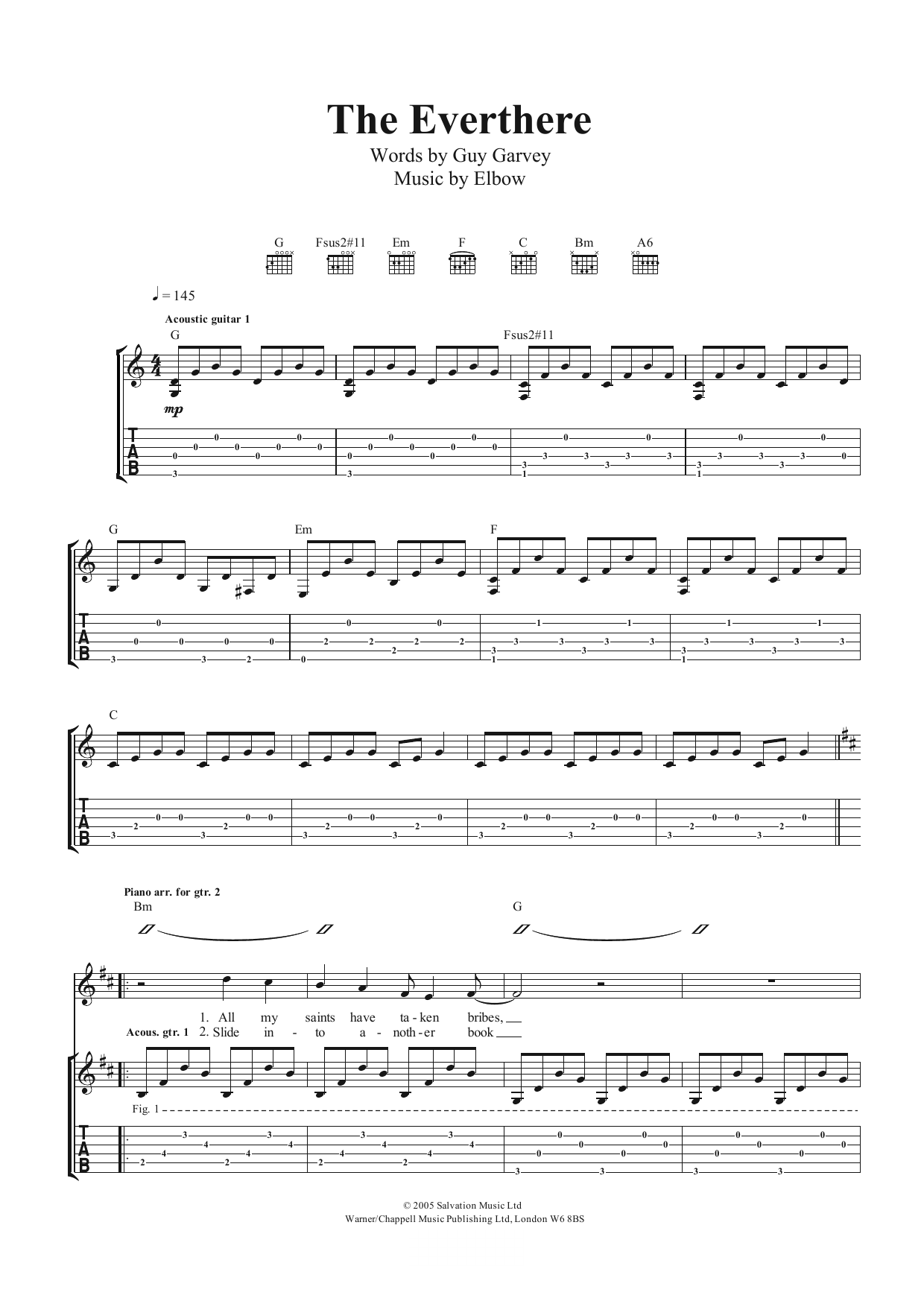 Elbow The Everthere Sheet Music Notes & Chords for Guitar Tab - Download or Print PDF
