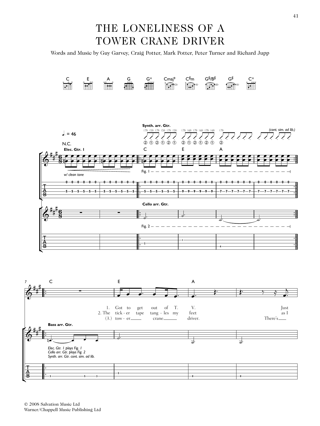 Elbow The Loneliness Of A Tower Crane Driver Sheet Music Notes & Chords for Guitar Tab - Download or Print PDF
