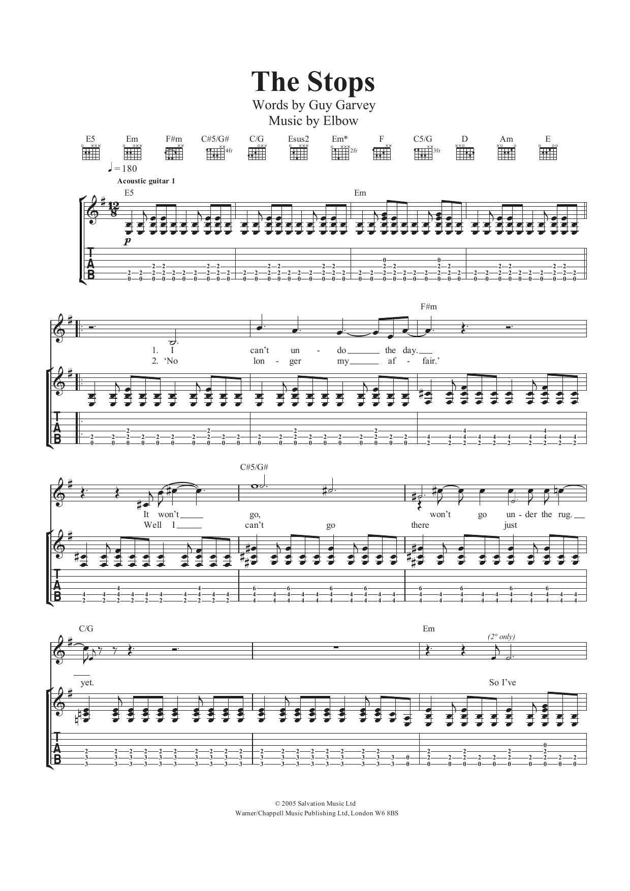 Elbow The Stops Sheet Music Notes & Chords for Guitar Tab - Download or Print PDF