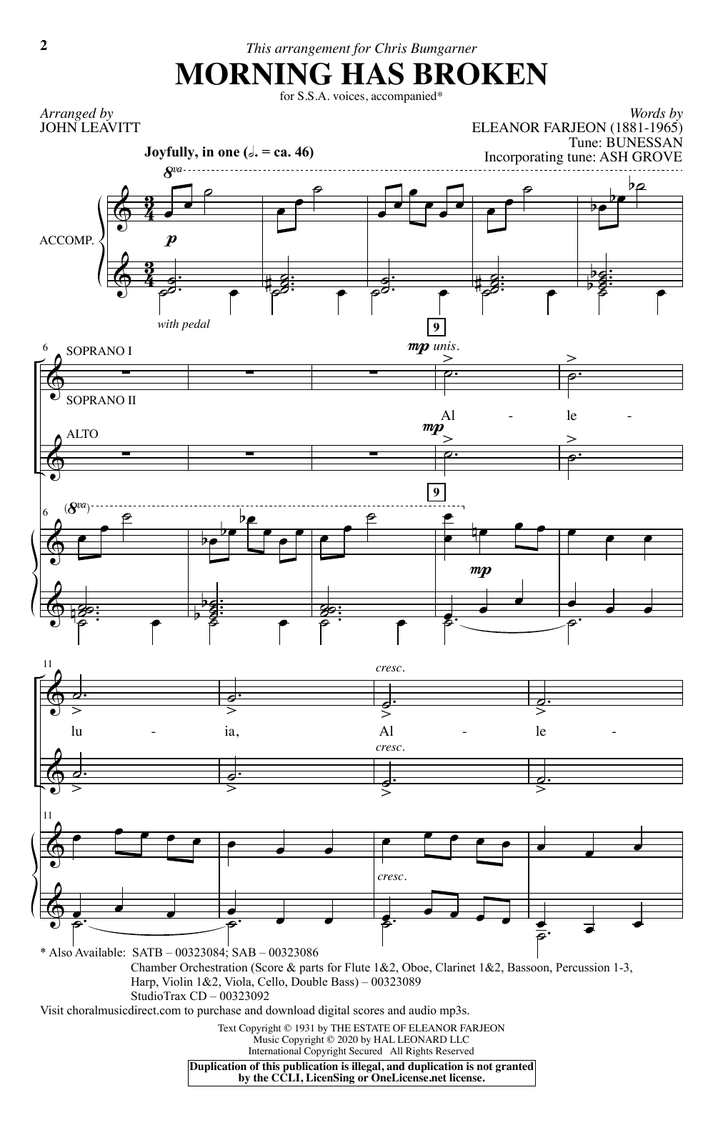 Eleanor Farjeon Morning Has Broken (arr. John Leavitt) Sheet Music Notes & Chords for SSA Choir - Download or Print PDF