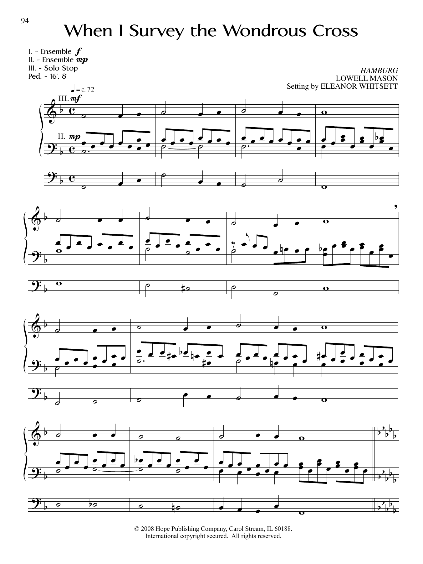 Preview Eleanor Whitsett When I Survey the Wondrous Cross Hymn sheet music, notes and chords for Organ, SKU: 337216 When I Survey the Wondrous Cross sheet music