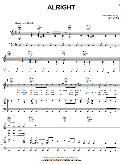 Electric Light Orchestra Alright Sheet Music Notes & Chords for Piano, Vocal & Guitar (Right-Hand Melody) - Download or Print PDF