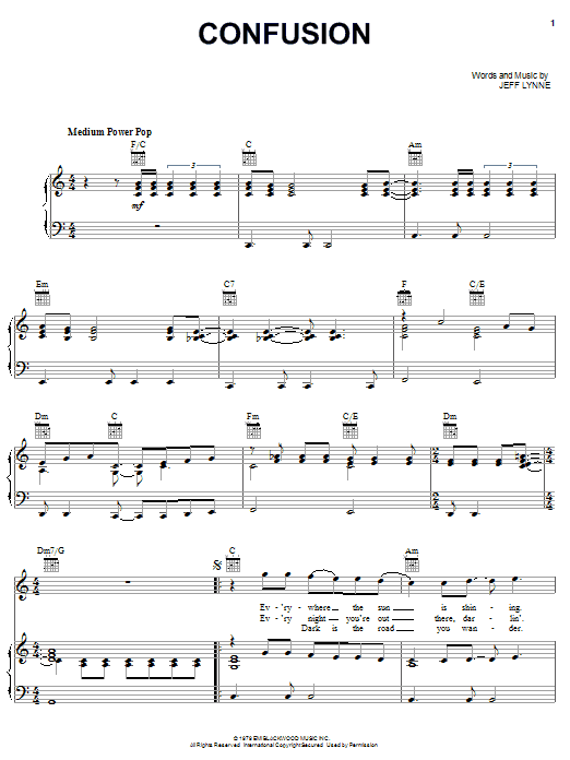 Electric Light Orchestra Confusion Sheet Music Notes & Chords for Piano, Vocal & Guitar (Right-Hand Melody) - Download or Print PDF