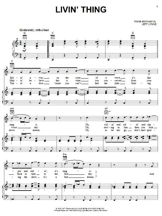 Electric Light Orchestra Livin' Thing Sheet Music Notes & Chords for Lyrics & Chords - Download or Print PDF