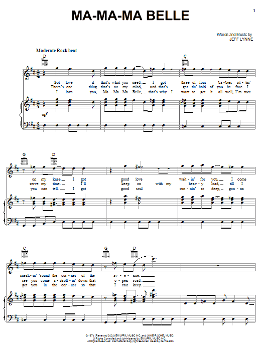 Electric Light Orchestra Ma-Ma-Ma Belle Sheet Music Notes & Chords for Piano, Vocal & Guitar (Right-Hand Melody) - Download or Print PDF