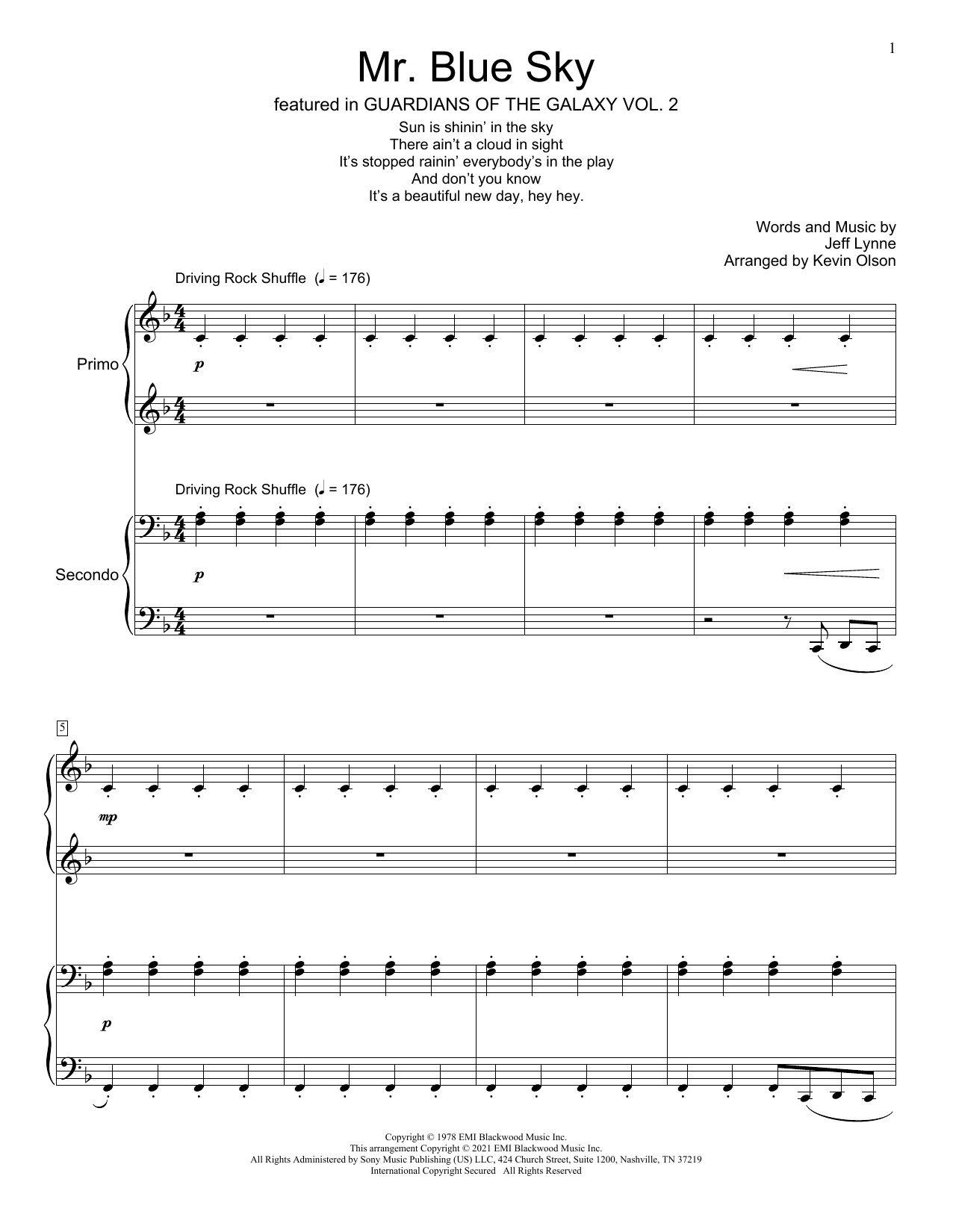 Electric Light Orchestra Mr. Blue Sky (arr. Kevin Olson) Sheet Music Notes & Chords for Piano Duet - Download or Print PDF