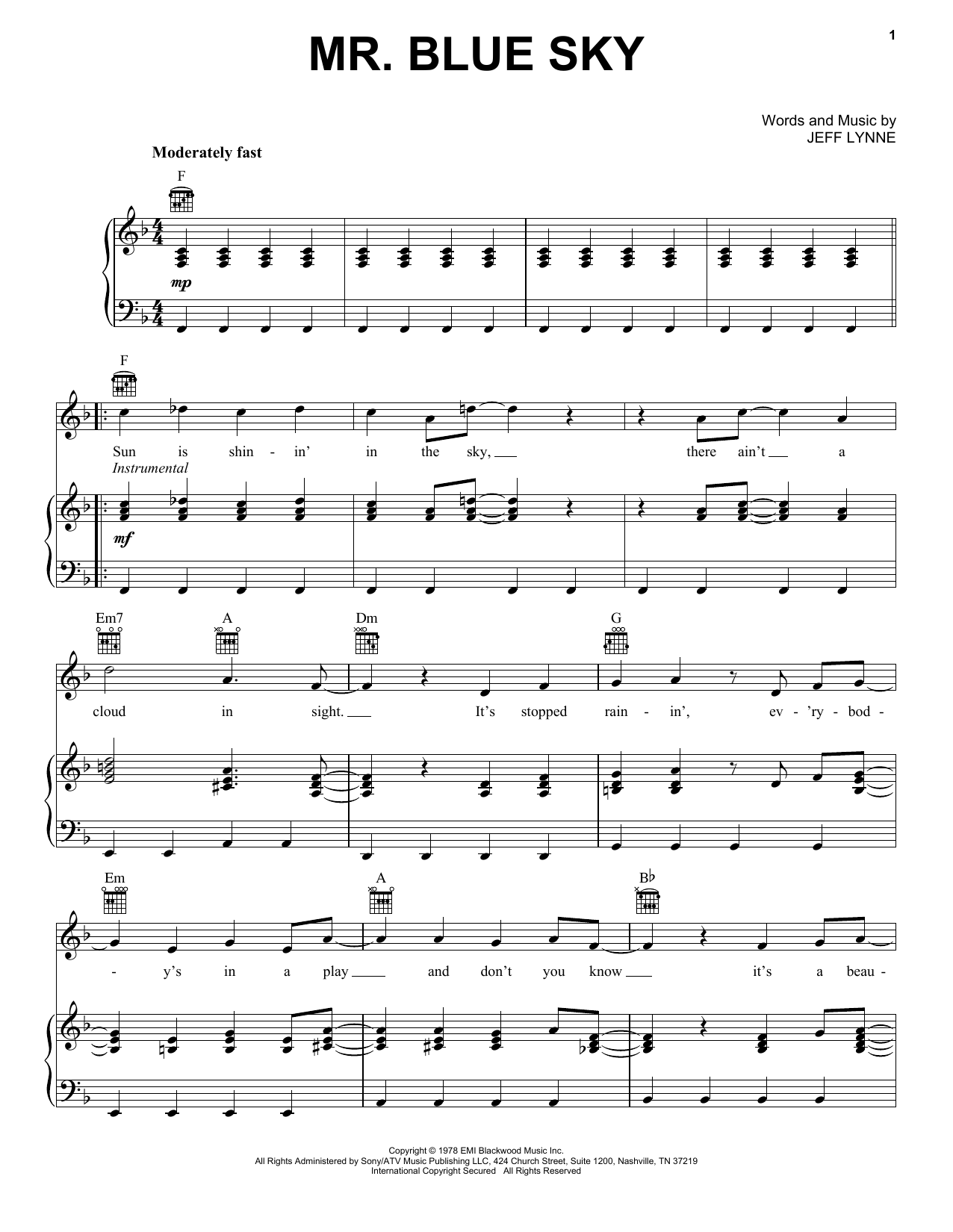 Electric Light Orchestra Mr. Blue Sky Sheet Music Notes & Chords for Lyrics & Chords - Download or Print PDF