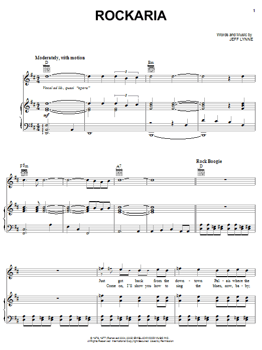 Electric Light Orchestra Rockaria Sheet Music Notes & Chords for Piano, Vocal & Guitar (Right-Hand Melody) - Download or Print PDF