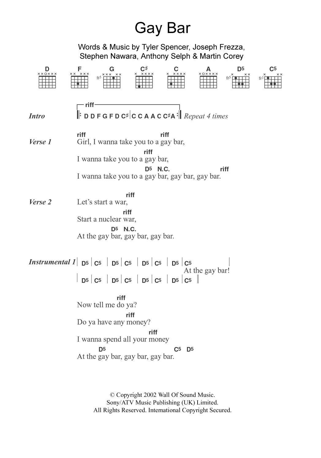 Electric Six Gay Bar Sheet Music Notes & Chords for Lyrics & Chords - Download or Print PDF