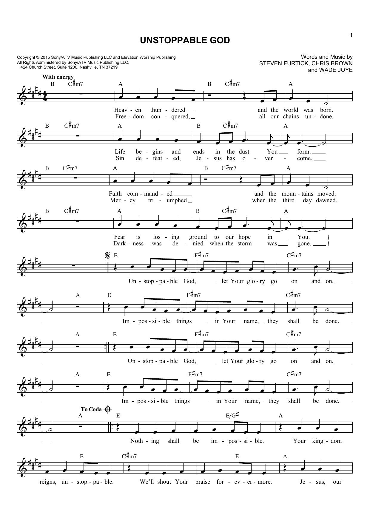 Elevation Worship Unstoppable God Sheet Music Notes & Chords for Piano, Vocal & Guitar (Right-Hand Melody) - Download or Print PDF